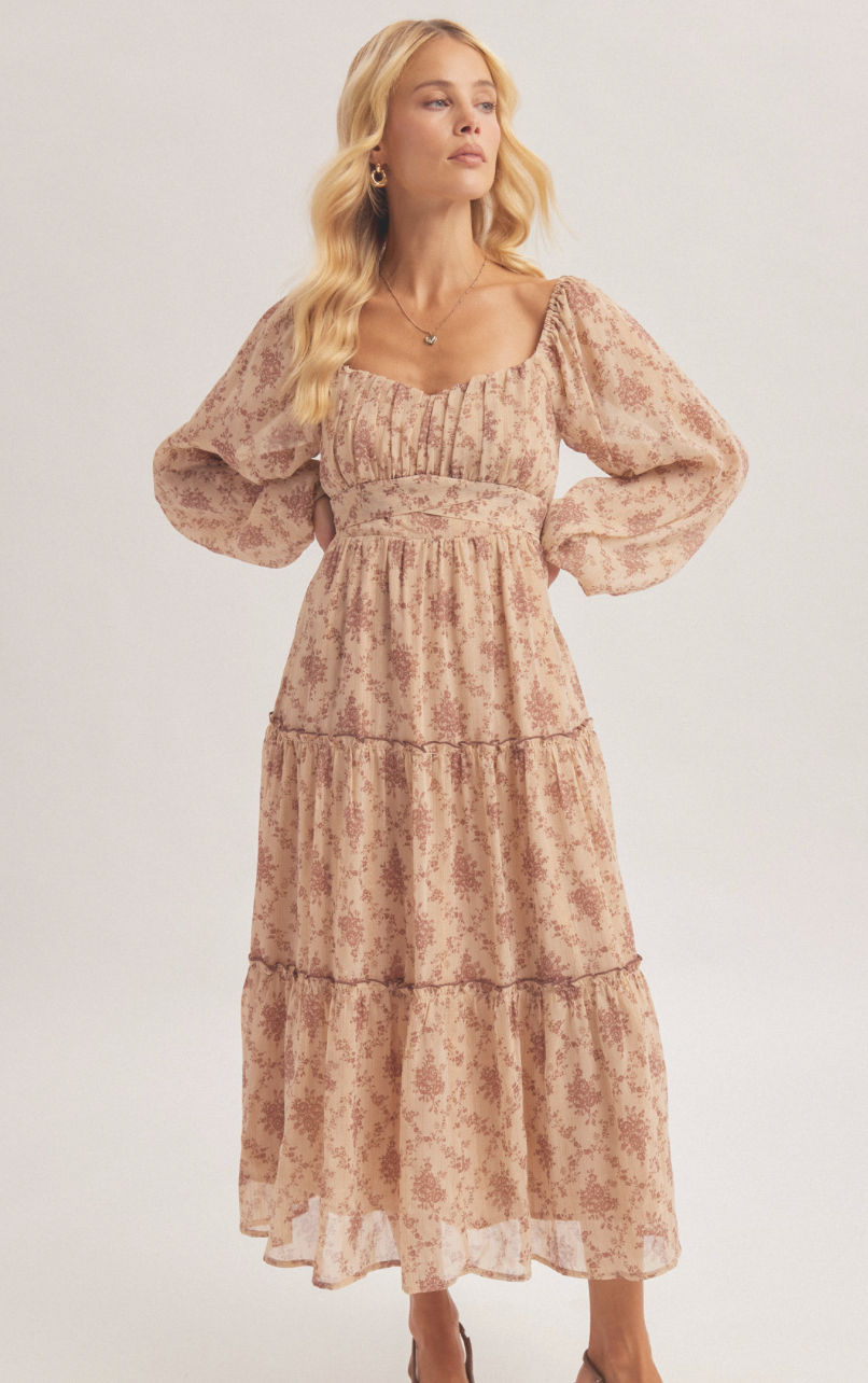 Chiffon Floral Bubble Sleeve Maxi Dress