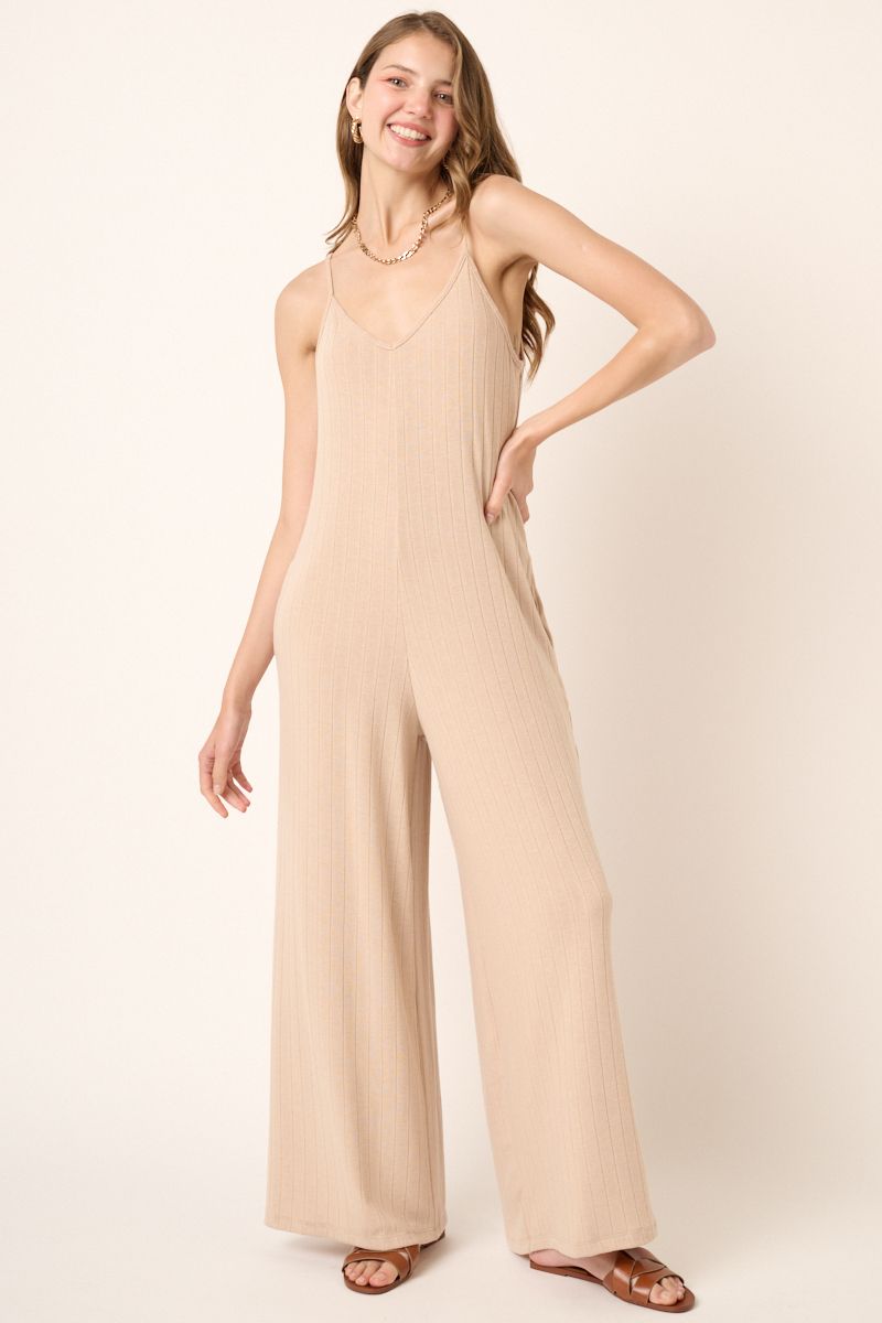 Cream Wide Rib Knit Jumpsuit